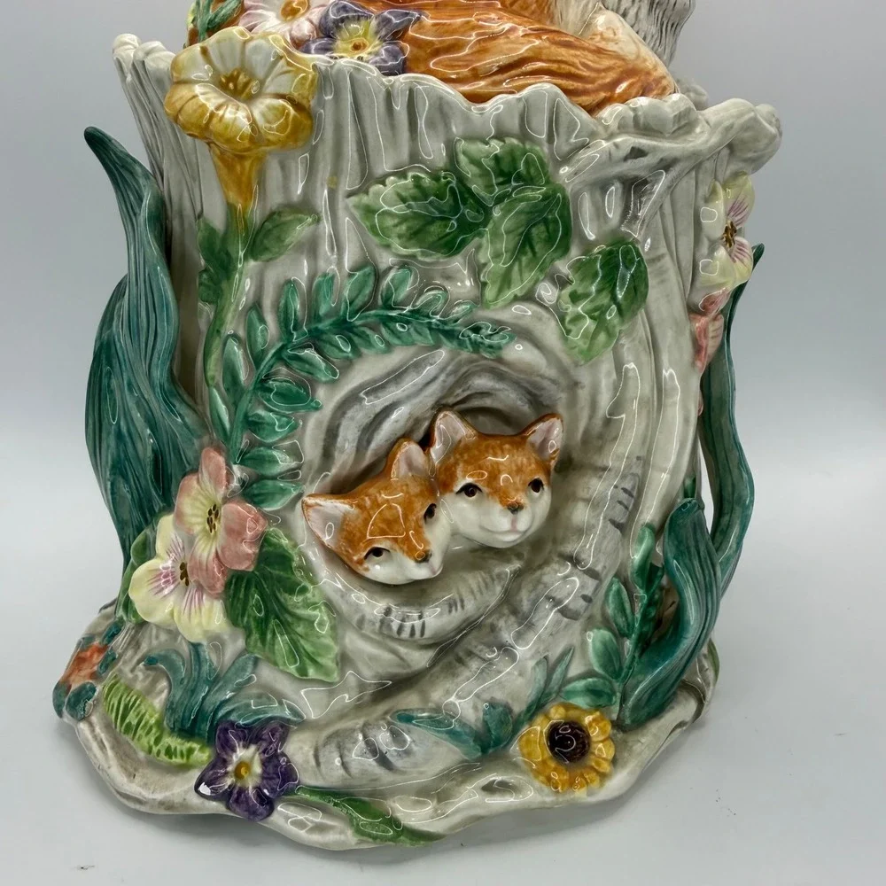 Fitz and Floyd Woodland Spring Fox Cookie Jar Vintage Tree Stump Cottagecore 10
